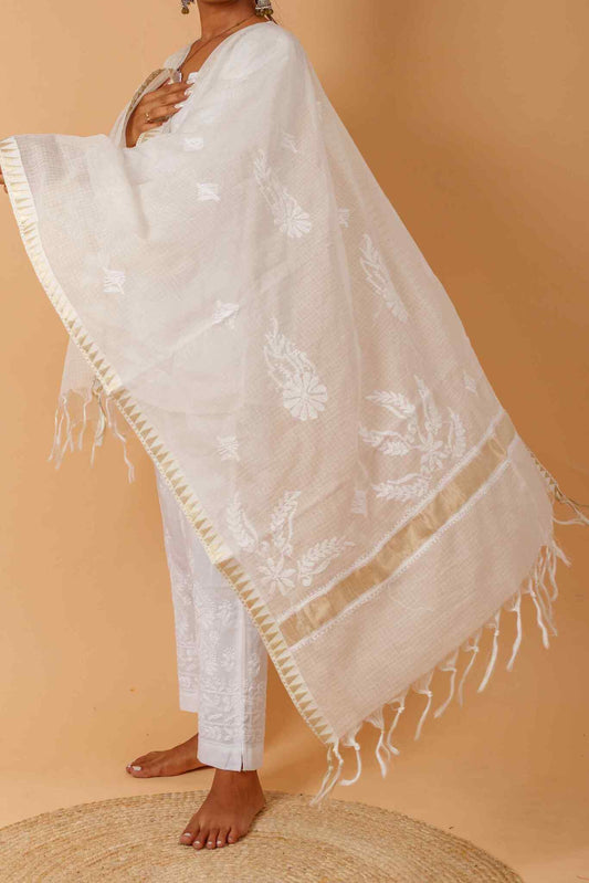 Arsh Handcrafted Kota Check Chanderi Chikankari Dupatta