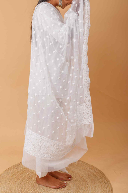 Arsh Handcrafted Chikankari Pakki Heavy Keel All over White Dupatta