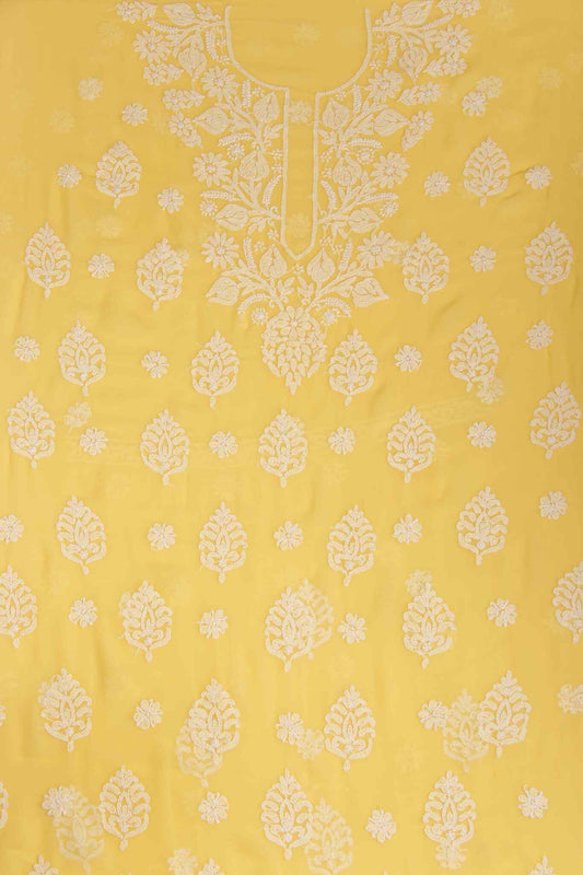 Arsh Handcrafted English Lemon yellow Georgette Unstitched Chikankari 3pc Suit