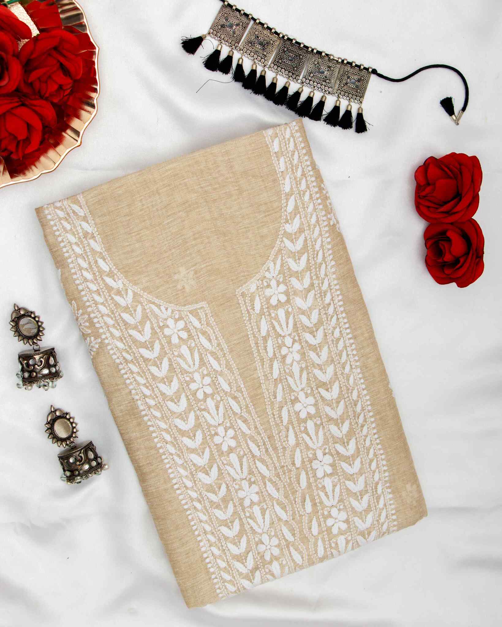 Arsh Handcrafted Khadi Cotton Unstitched Chikankari Kurti and Dupatta Set