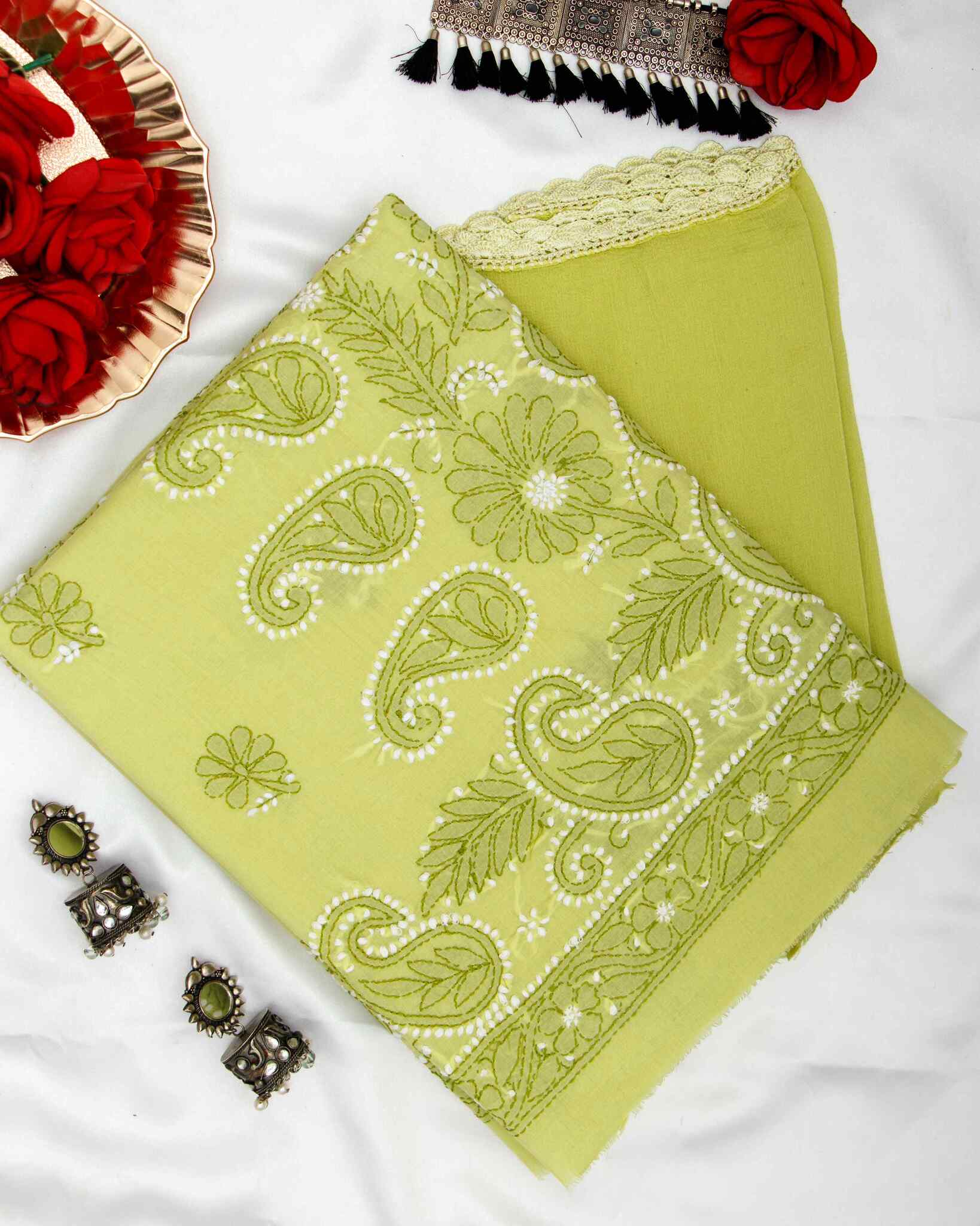 Arsh Handcrafted Green Cotton Unstitched Chikankari 3pc Suit