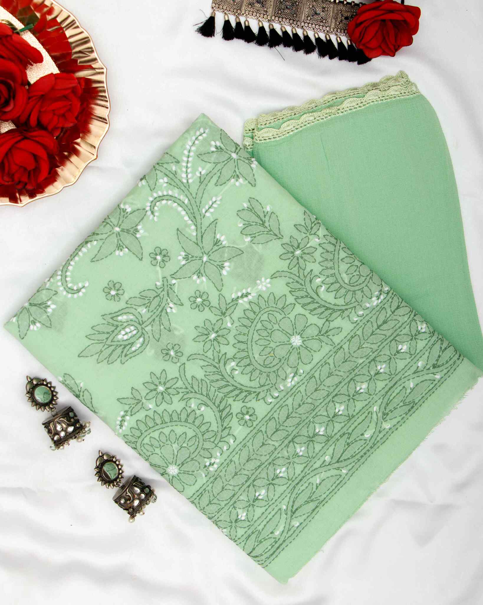 Arsh Handcrafted Olive Green Cotton Unstitched Chikankari 3pc Suit