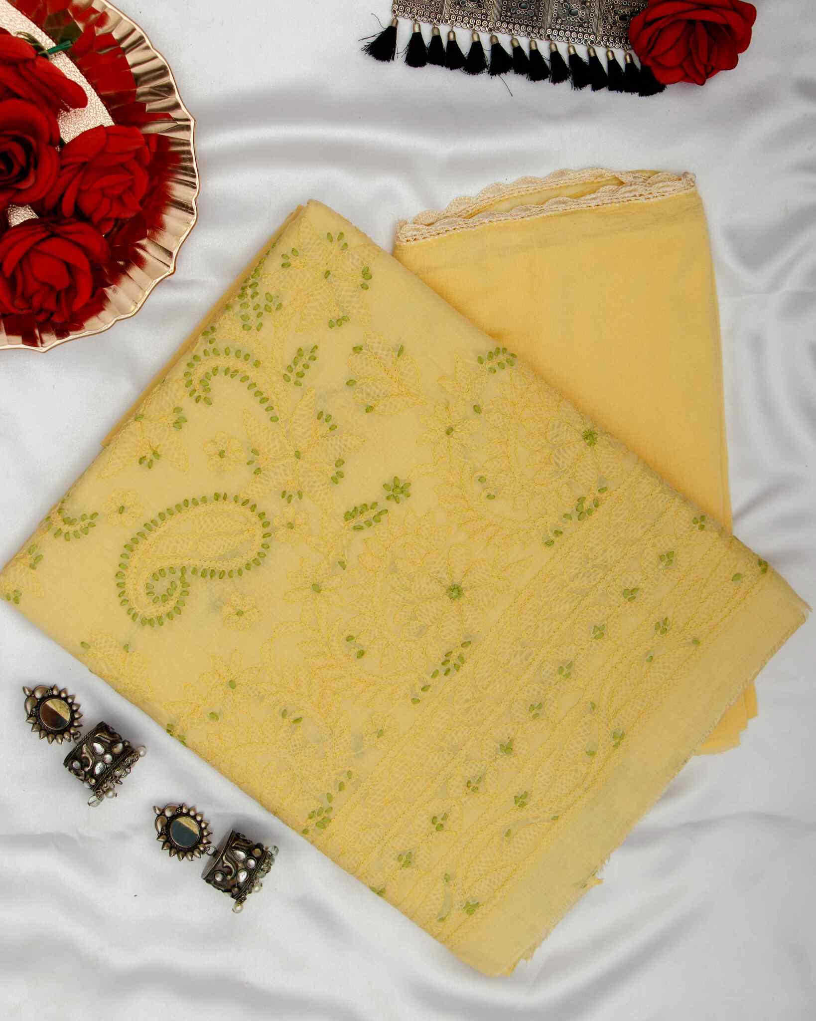 Arsh Handcrafted  Lemon Yellow Cotton Unstitched Chikankari 3pc Suit