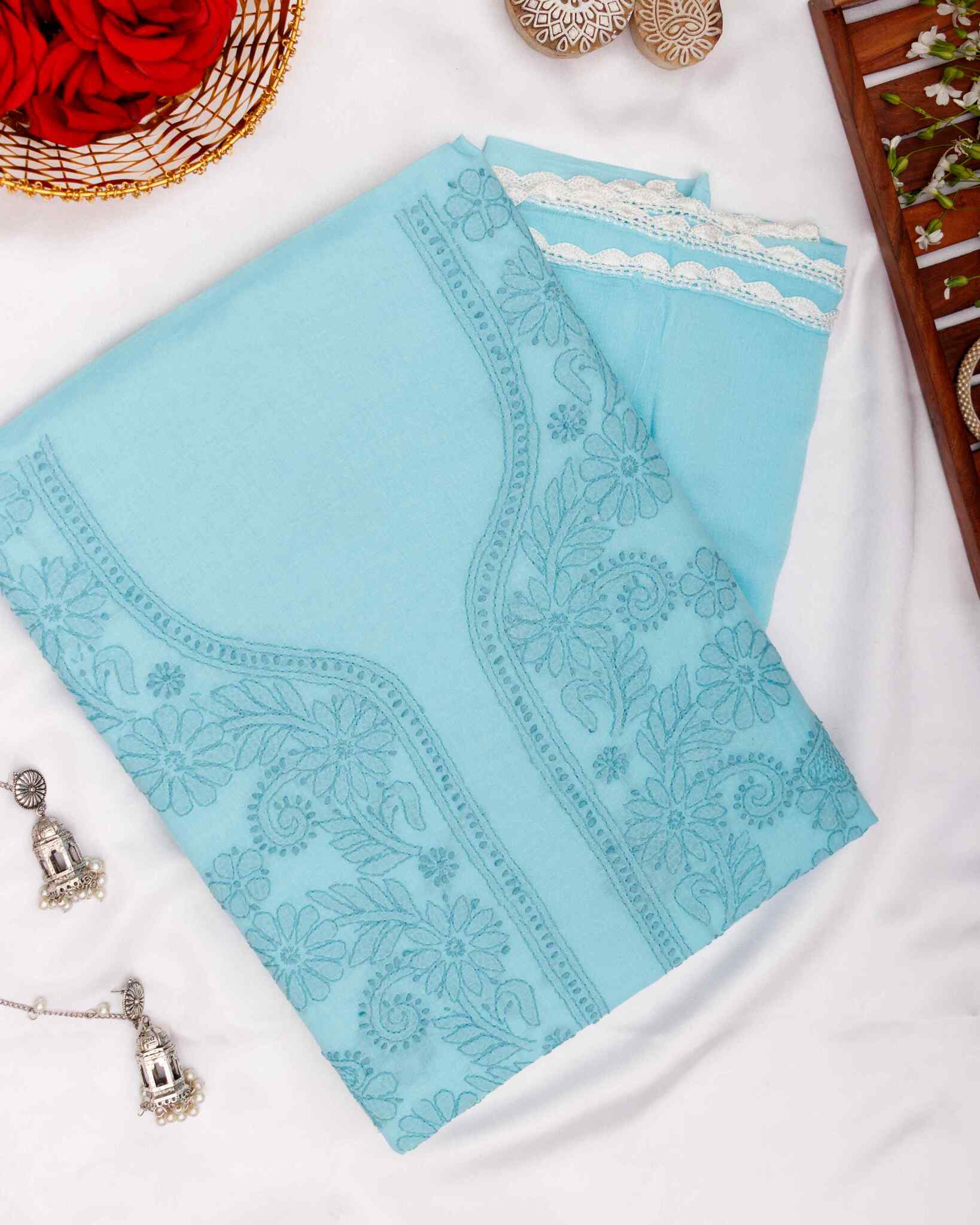 Arsh Handcrafted Sky Blue Cotton Unstitched Chikankari 3pc Suit