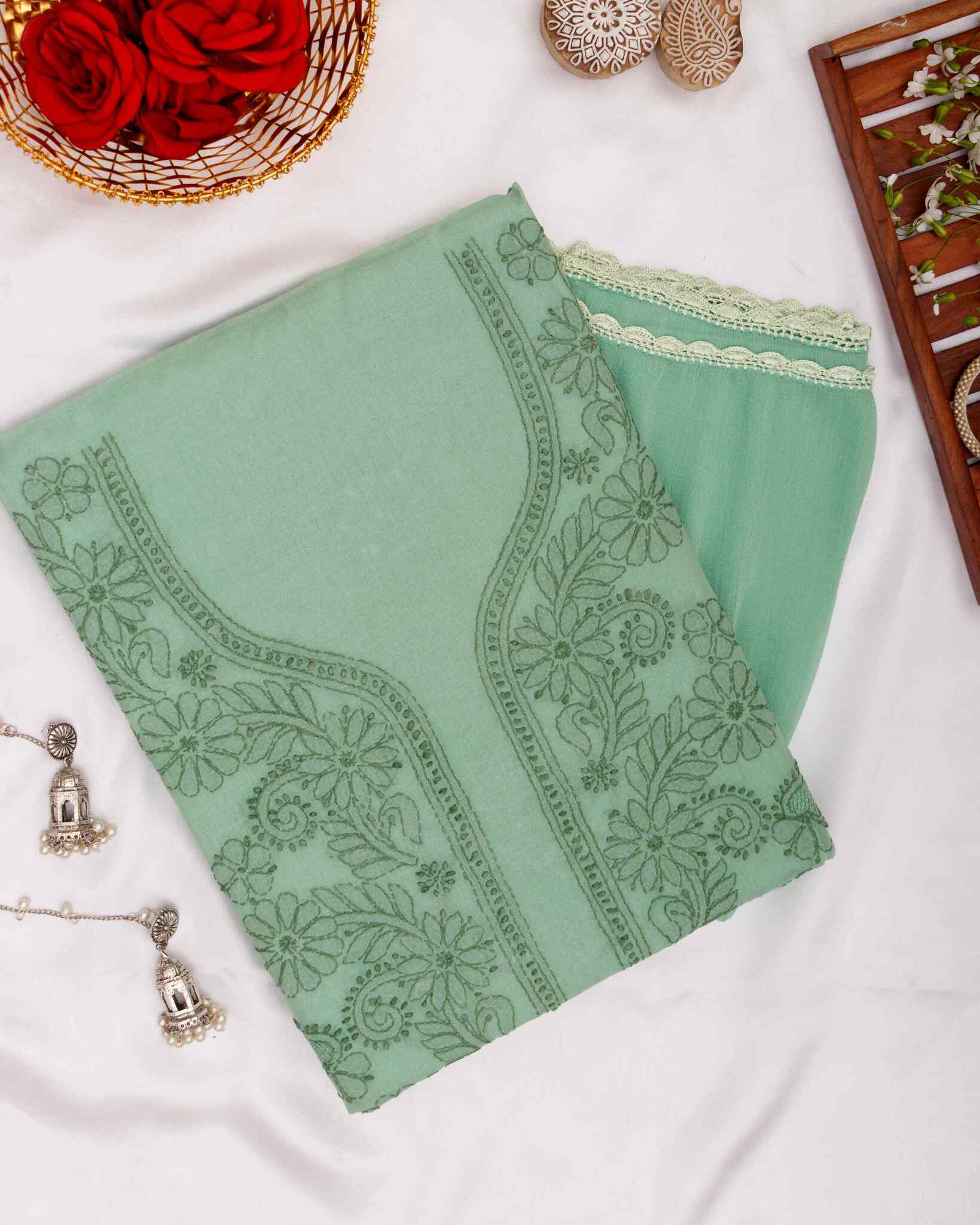 Arsh Handcrafted Olive Green Cotton Unstitched Chikankari 3pc Suit