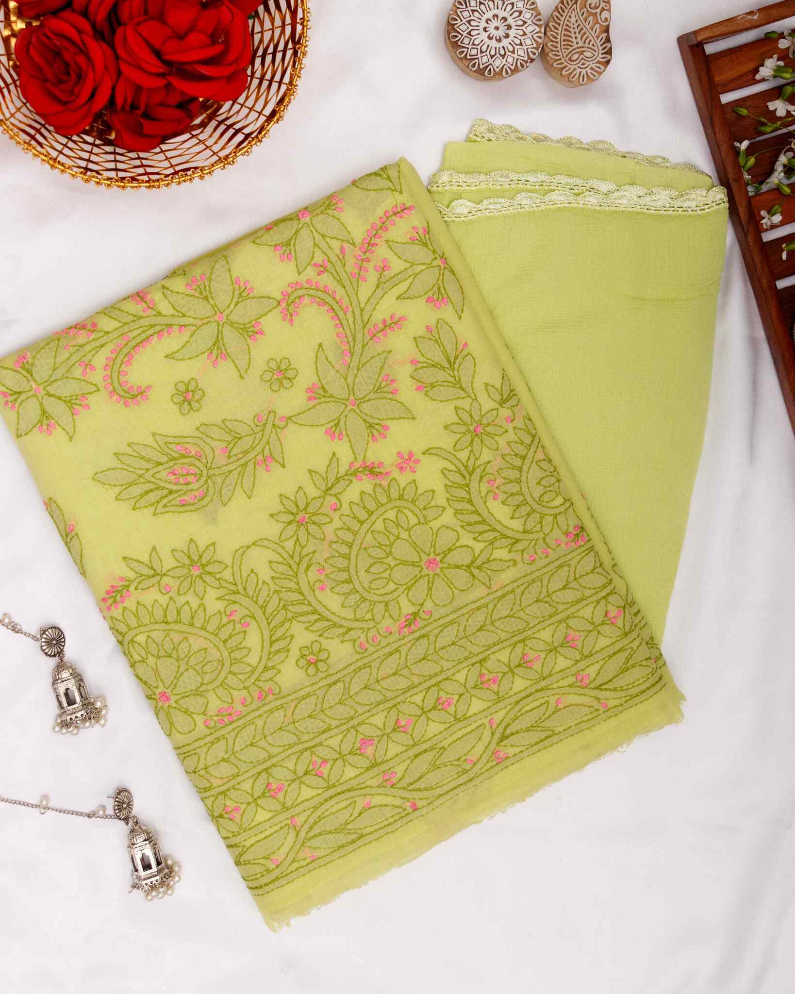 Arsh Handcrafted Green Cotton Unstitched Chikankari 3pc Suit