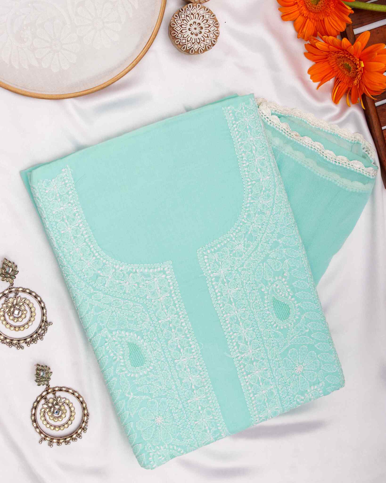 Arsh Handcrafted Sea Green Cotton Unstitched Chikankari Front Jaal 3pc Suit