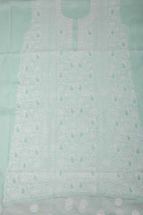 Arsh Handcrafted Sea Green Cotton Unstitched Chikankari Front Jaal 3pc Suit