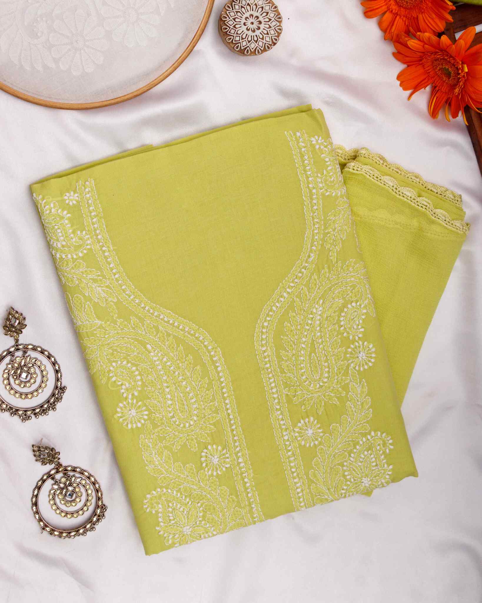 Arsh Handcrafted Pista Green Cotton Unstitched Chikankari Front Jaal 3pc Suit