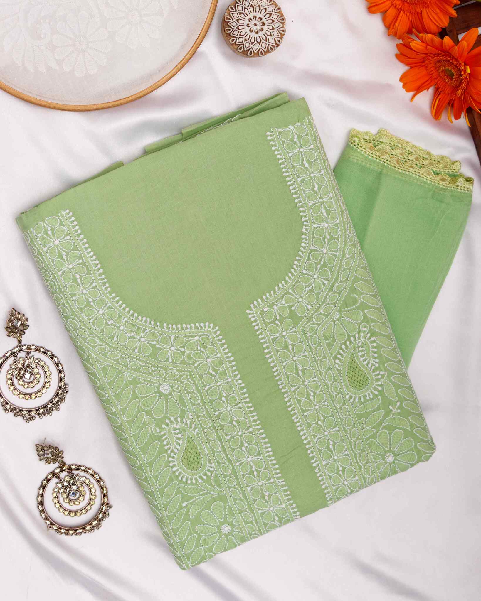 Arsh Handcrafted Forest Green Cotton Unstitched Chikankari Front Jaal 3pc Suit