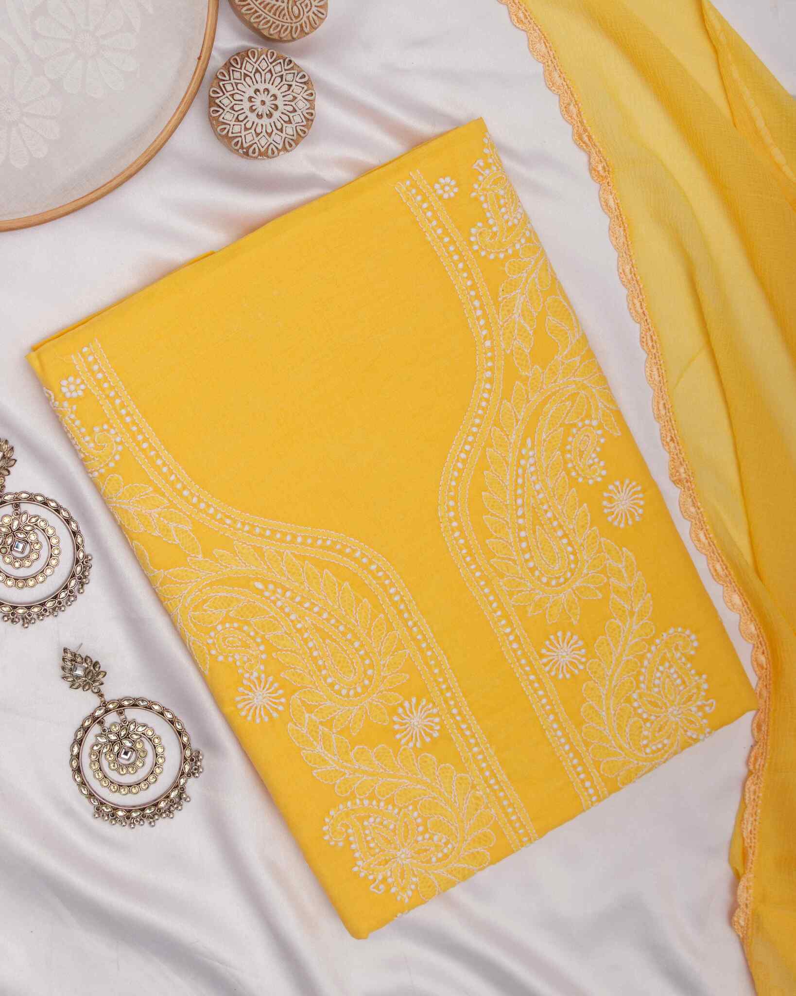 Arsh Handcrafted Pastel Yellow Cotton Unstitched Chikankari 3pc Suit