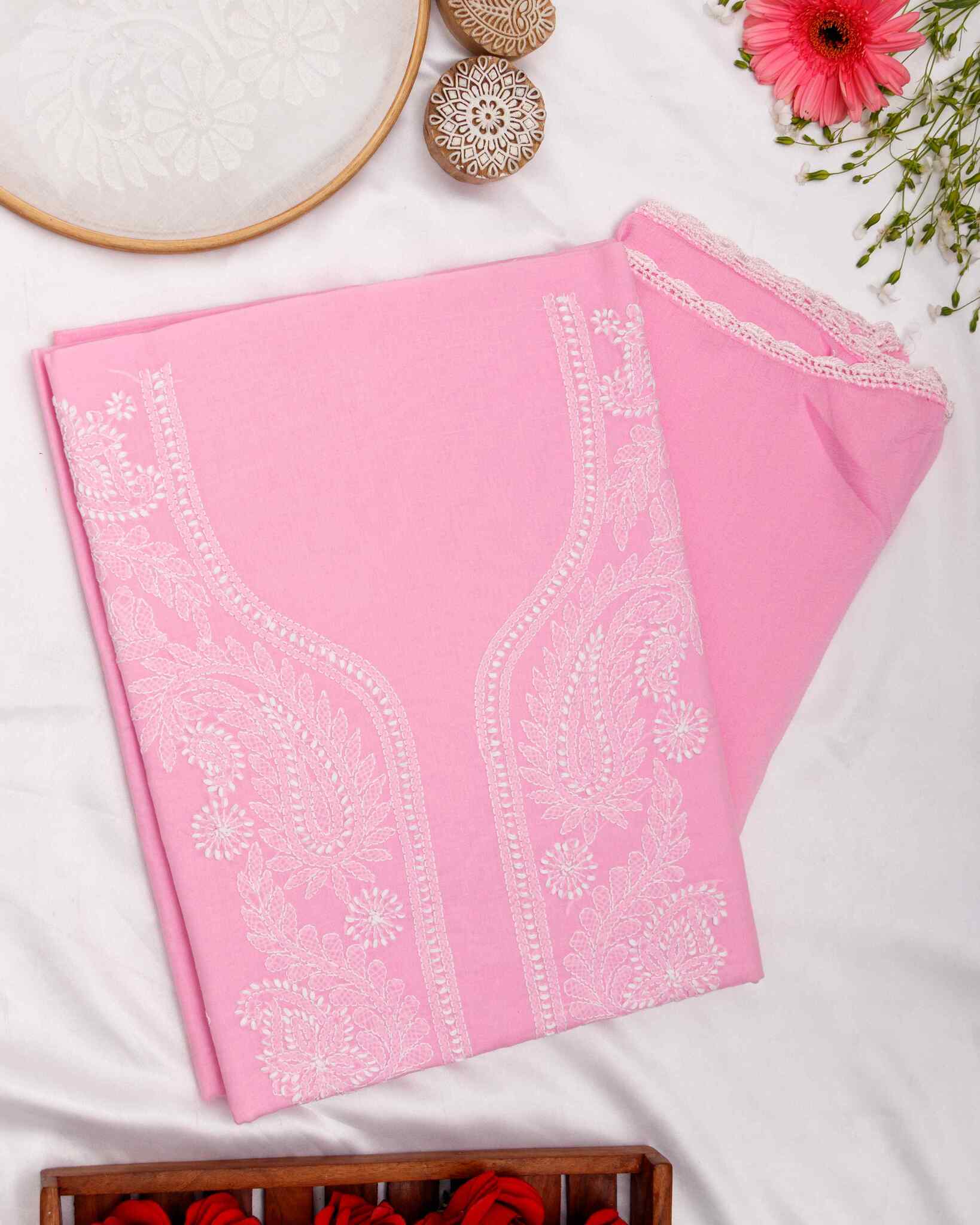 Arsh Handcrafted Onion Pink Cotton Unstitched Chikankari 3pc Suit