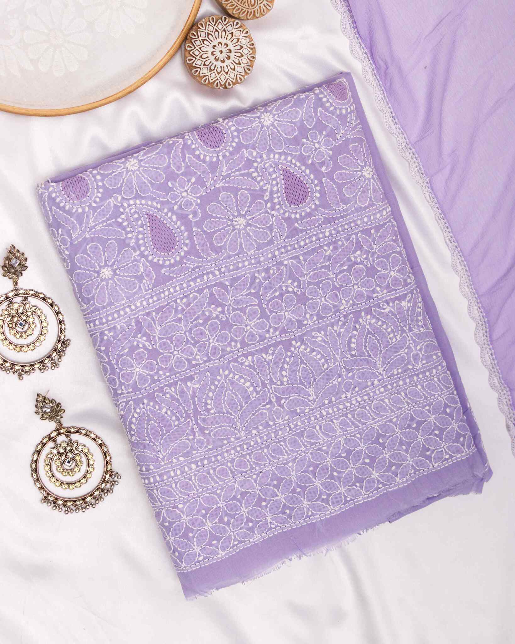 Arsh Handcrafted Purple Cotton Unstitched Chikankari Front Jaal 3pc Suit