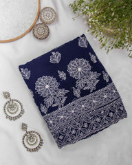 Arsh Handcrafted Navy Blue Georgette Unstitched Chikankari 3pc Suit