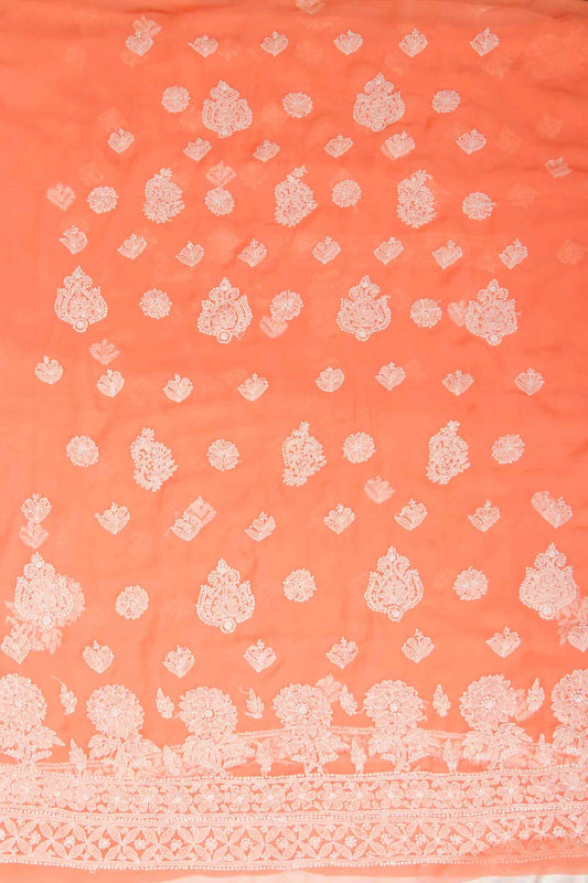 Arsh Handcrafted Salmon Orange Georgette Unstitched Chikankari 3pc Suit