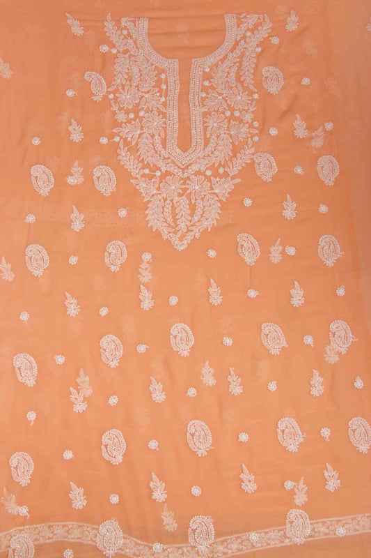 Arsh Handcrafted Salmon Orange Georgette Unstitched Chikankari 3pc Suit