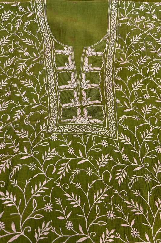 Arsh Handcrafted Mul Chanderi Unstitched Chikankari Kurti and Dupatta set