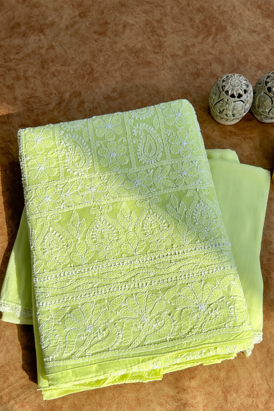 Arsh Handcrafted Green Cotton Unstitched Chikankari 3pc Suit Set