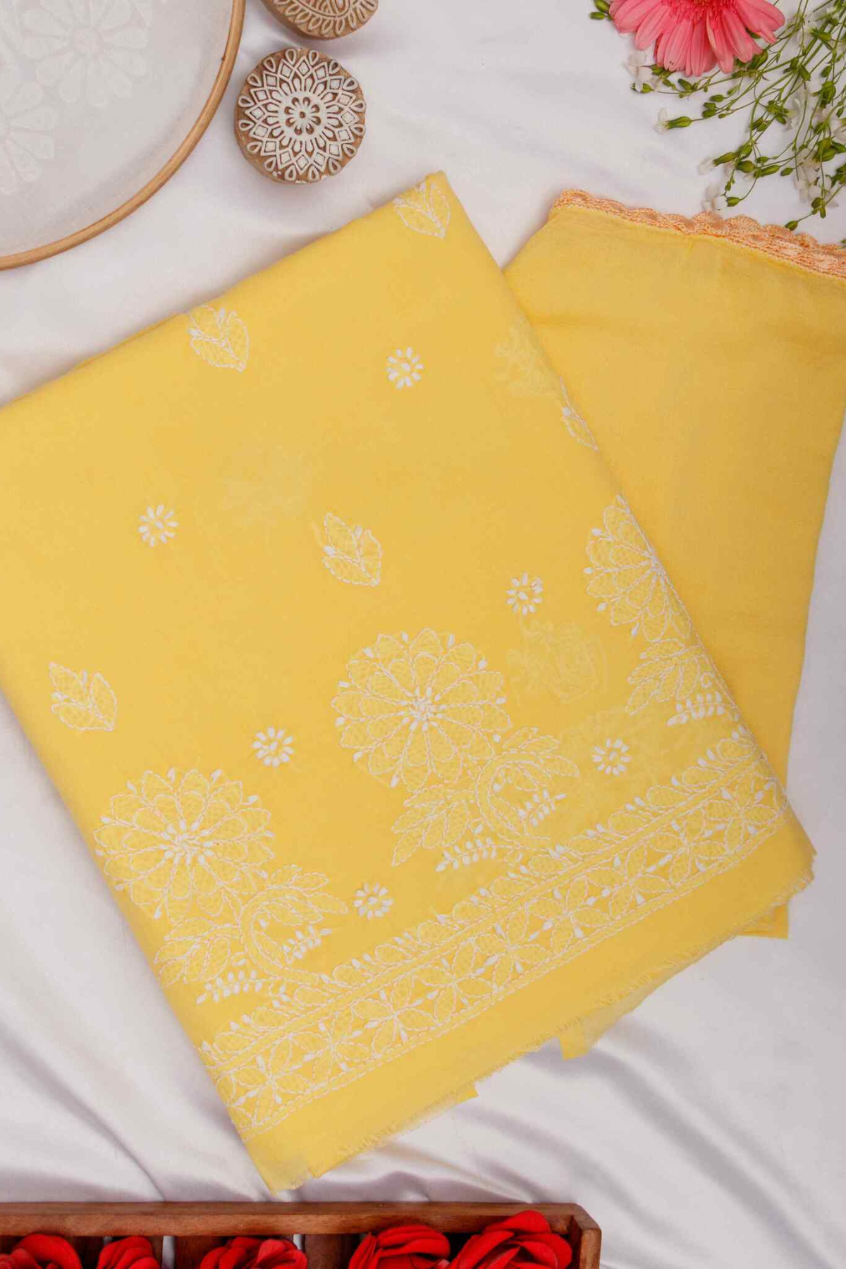 Arsh Handcrafted Light Yellow Cotton Unstitched Chikankari 3pc Suit