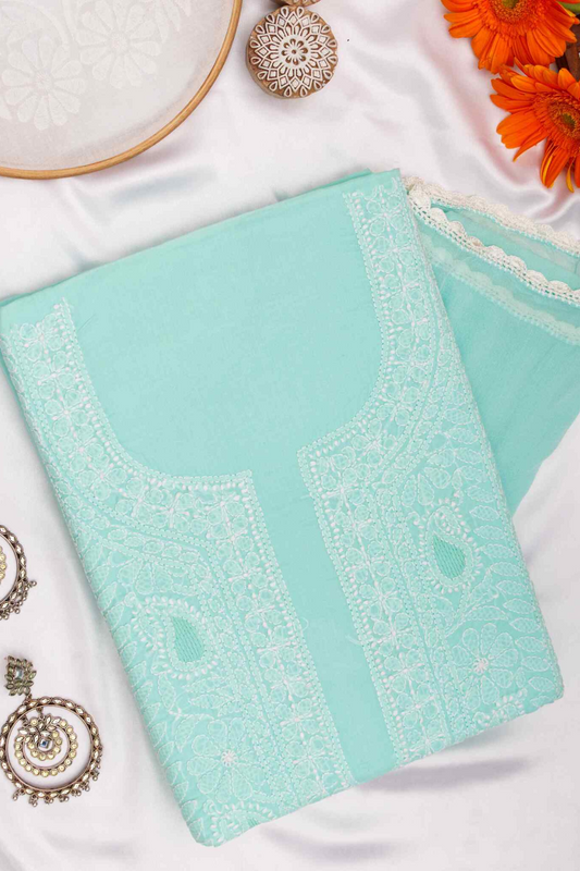 Arsh Handcrafted Sea Green Cotton Unstitched Chikankari Front Jaal 3pc Suit