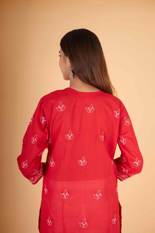 Arsh Handcrafted Red Front Jaal Pure Cotton Kurti