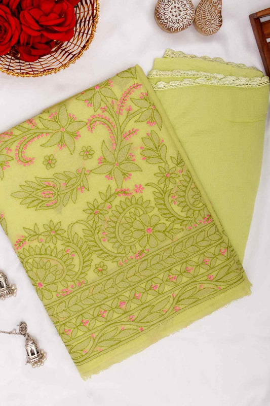 Arsh Handcrafted Green Cotton Unstitched Chikankari 3pc Suit